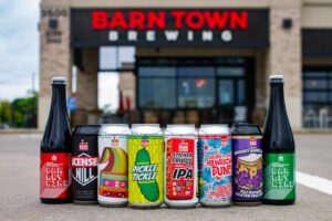 Barn Town beers outside of restaurant 