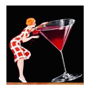 woman sips from giant martini